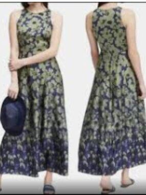 Banana Republic sleeveless blue and green floral maxi cocktail dress 2 PETITE
